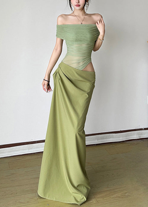 Sexy Dresses Summer Maxi Wrinkled Patchwork Tulle Green FashionChic