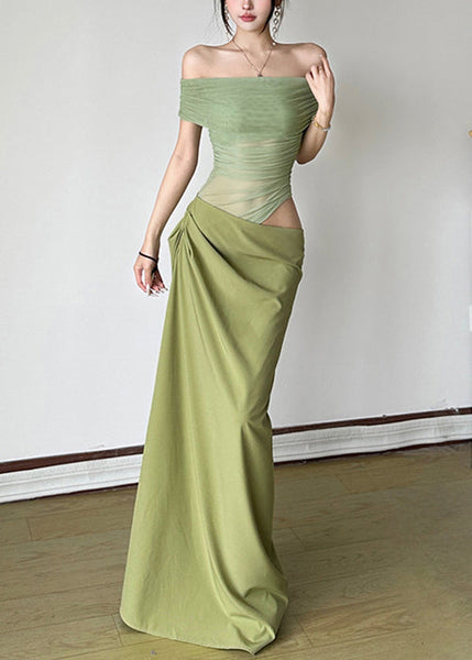Sexy Dresses Summer Maxi Wrinkled Patchwork Tulle Green FashionChic