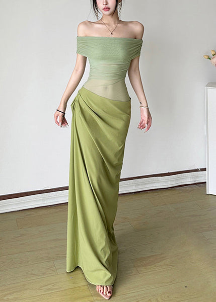Sexy Dresses Summer Maxi Wrinkled Patchwork Tulle Green FashionChic