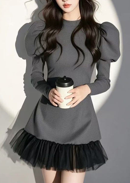 O-Neck Mid Puff Dress Sleeve Sexy Patchwork Grey FashionChic