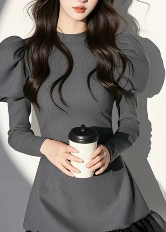 O-Neck Mid Puff Dress Sleeve Sexy Patchwork Grey FashionChic