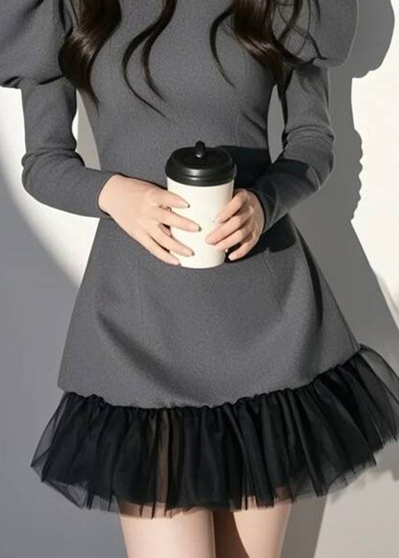 O-Neck Mid Puff Dress Sleeve Sexy Patchwork Grey FashionChic