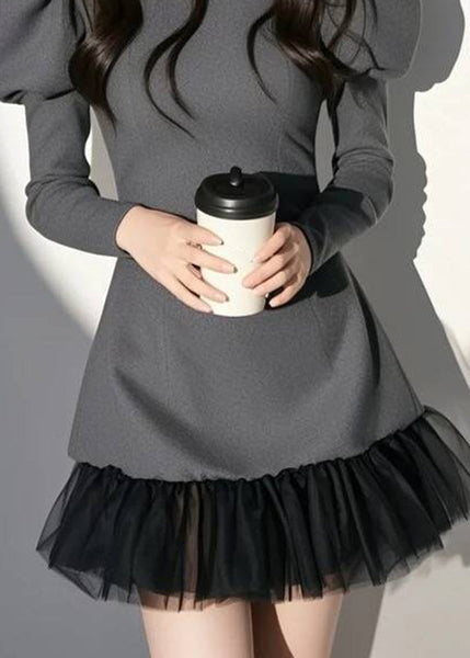 O-Neck Mid Puff Dress Sleeve Sexy Patchwork Grey FashionChic