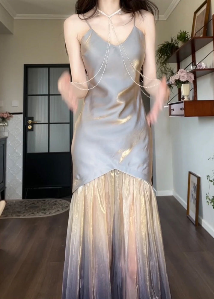 Sexy Grey V Neck Tulle Patchwork Spaghetti Strap Dress Sleeveless KK003 SH-LF-SDL240602