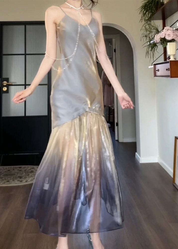 Sexy Grey V Neck Tulle Patchwork Spaghetti Strap Dress Sleeveless KK003 SH-LF-SDL240602