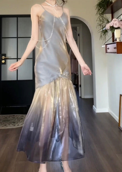 Sexy Grey V Neck Tulle Patchwork Spaghetti Strap Dress Sleeveless KK003 SH-LF-SDL240602