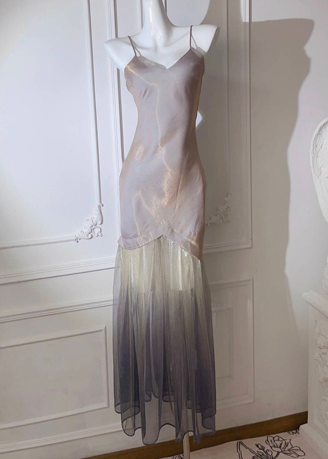 Sexy Grey V Neck Tulle Patchwork Spaghetti Strap Dress Sleeveless KK003 SH-LF-SDL240602