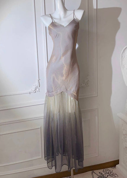 Sexy Grey V Neck Tulle Patchwork Spaghetti Strap Dress Sleeveless KK003 SH-LF-SDL240602