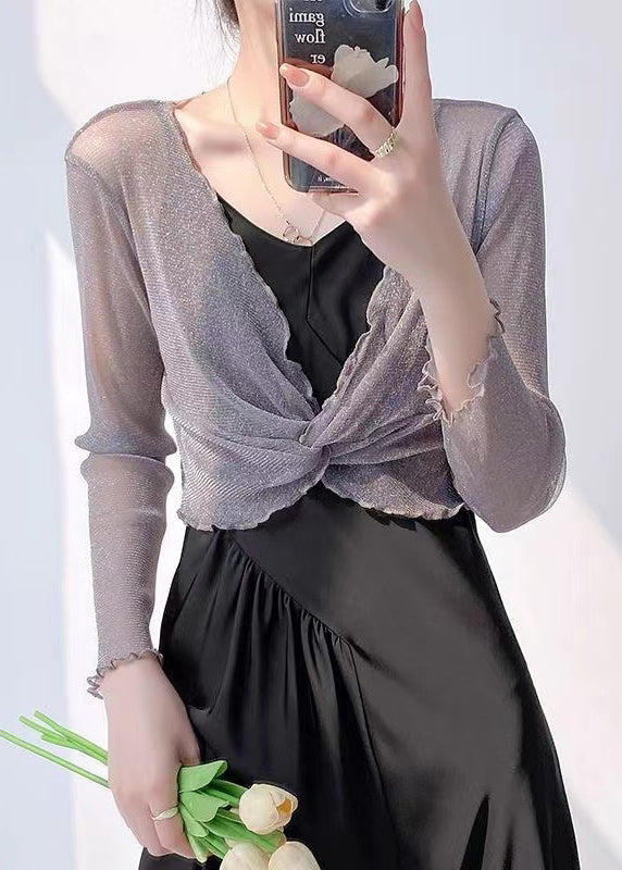 Sexy Grey V Neck Wrinkled Tulle Top Long Sleeve Ada Fashion