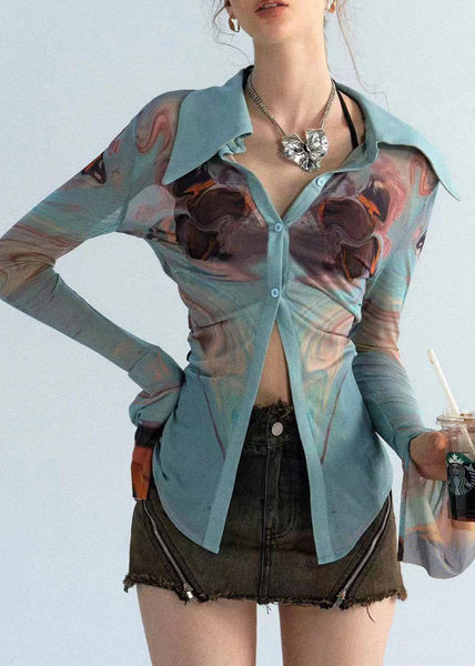 Sexy Haze Blue Peter Pan Collar Print Tulle Shirts Long Sleeve UU1045 SH-LF-LTP240526