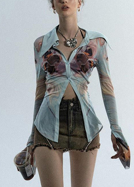 Sexy Haze Blue Peter Pan Collar Print Tulle Shirts Long Sleeve UU1045 SH-LF-LTP240526