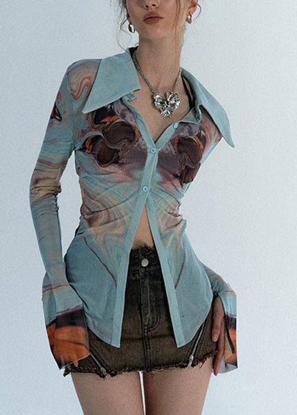 Sexy Haze Blue Peter Pan Collar Print Tulle Shirts Long Sleeve UU1045 SH-LF-LTP240526