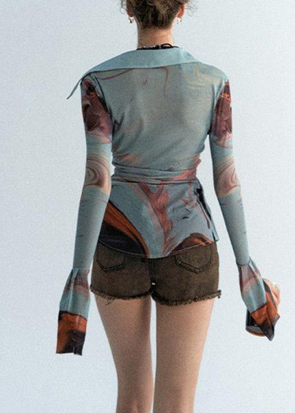 Sexy Haze Blue Peter Pan Collar Print Tulle Shirts Long Sleeve UU1045 SH-LF-LTP240526