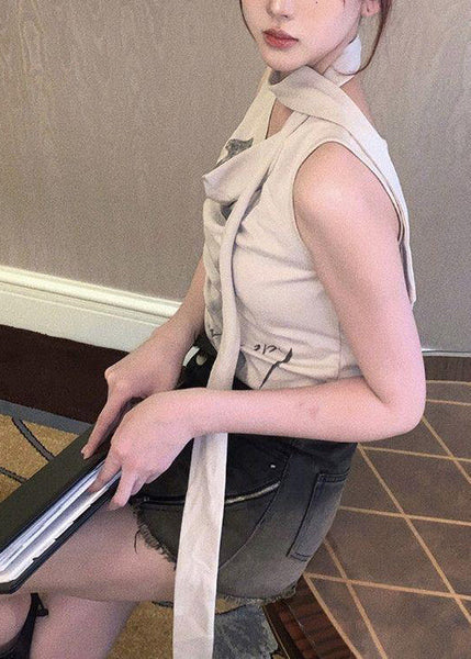 Sexy Khaki Print Beach Vest And Scarf Two Pieces Set Summer UU1028 SH-LF-TPIEC240526