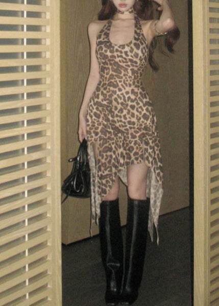 Sexy Leopard Halter Asymmetrical Design Dress Summer EE1018 SH-LF-SDM240517