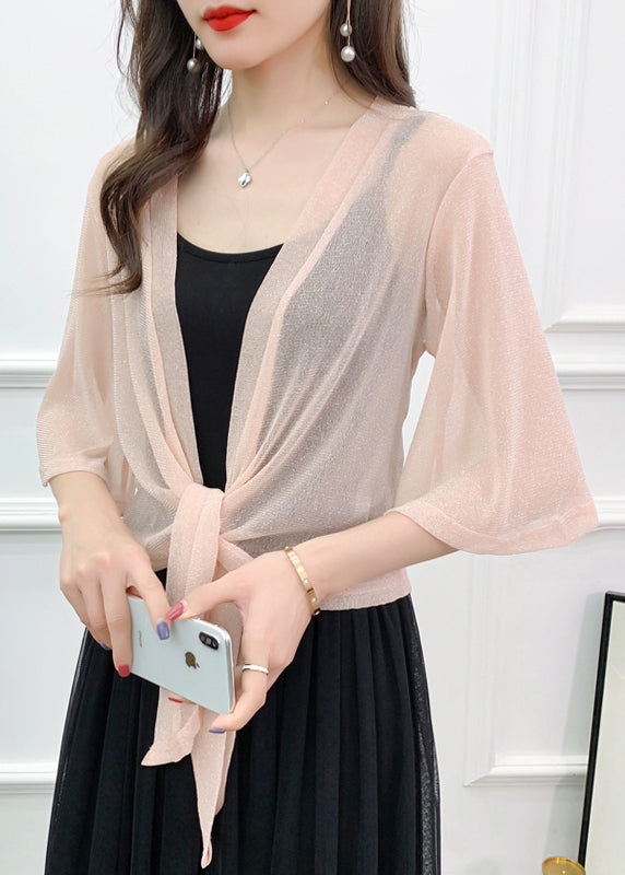 Sexy Pink Bright Silk Lace Up Tulle Cardigan Summer Ada Fashion