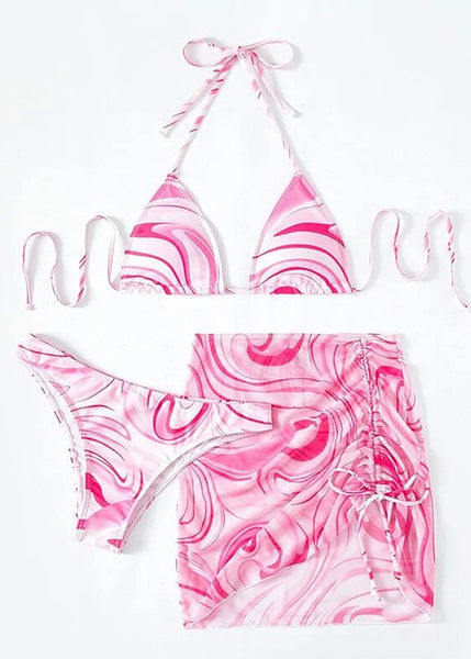 Sexy Pink Cinched Halter Lace Up Swimwear Set GF050 Swim-QQT240716