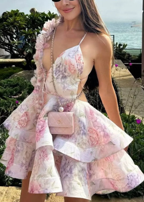 Lace Summer Pink Sexy Mid Backless Cotton Floral Up Dress FashionChic