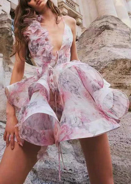 Lace Summer Pink Sexy Mid Backless Cotton Floral Up Dress FashionChic