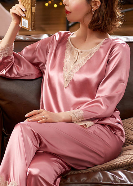 Patchwork Pieces Two Pajamas Silk Lace Pink Sexy Set FashionChic