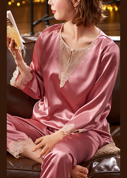 Patchwork Pieces Two Pajamas Silk Lace Pink Sexy Set FashionChic
