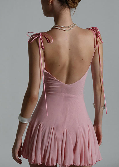 Strap Sexy Sleeveless Dress Spaghetti Tulle Patchwork Mid Pink FashionChic