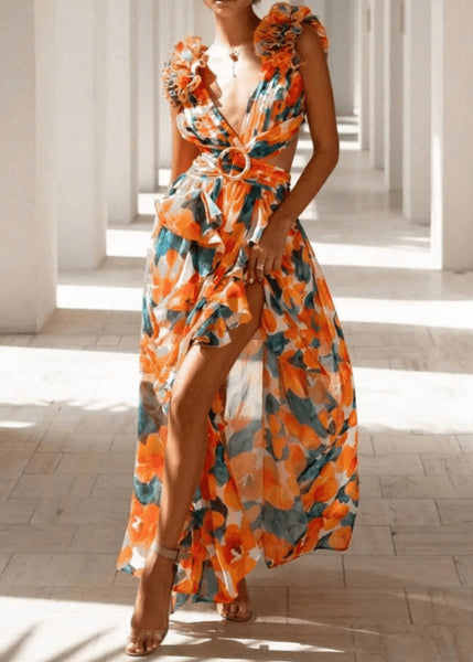 Sexy Pink Ruffled Print Lace Up Cotton Maxi Dress Sleeveless BB060 Hawaii-SDL240622