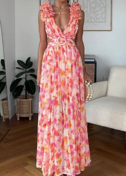 Sexy Pink Ruffled Print Lace Up Cotton Maxi Dress Sleeveless BB060 Hawaii-SDL240622