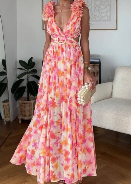 Sexy Pink Ruffled Print Lace Up Cotton Maxi Dress Sleeveless BB060 Hawaii-SDL240622