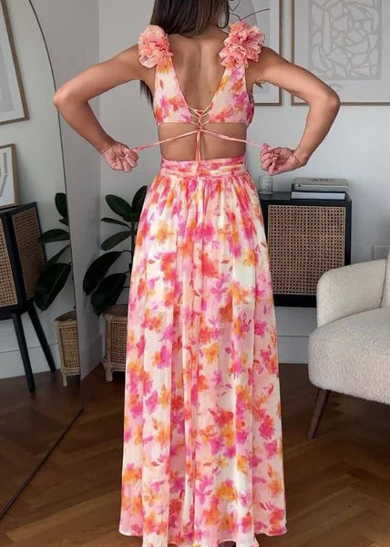 Sexy Pink Ruffled Print Lace Up Cotton Maxi Dress Sleeveless BB060 Hawaii-SDL240622