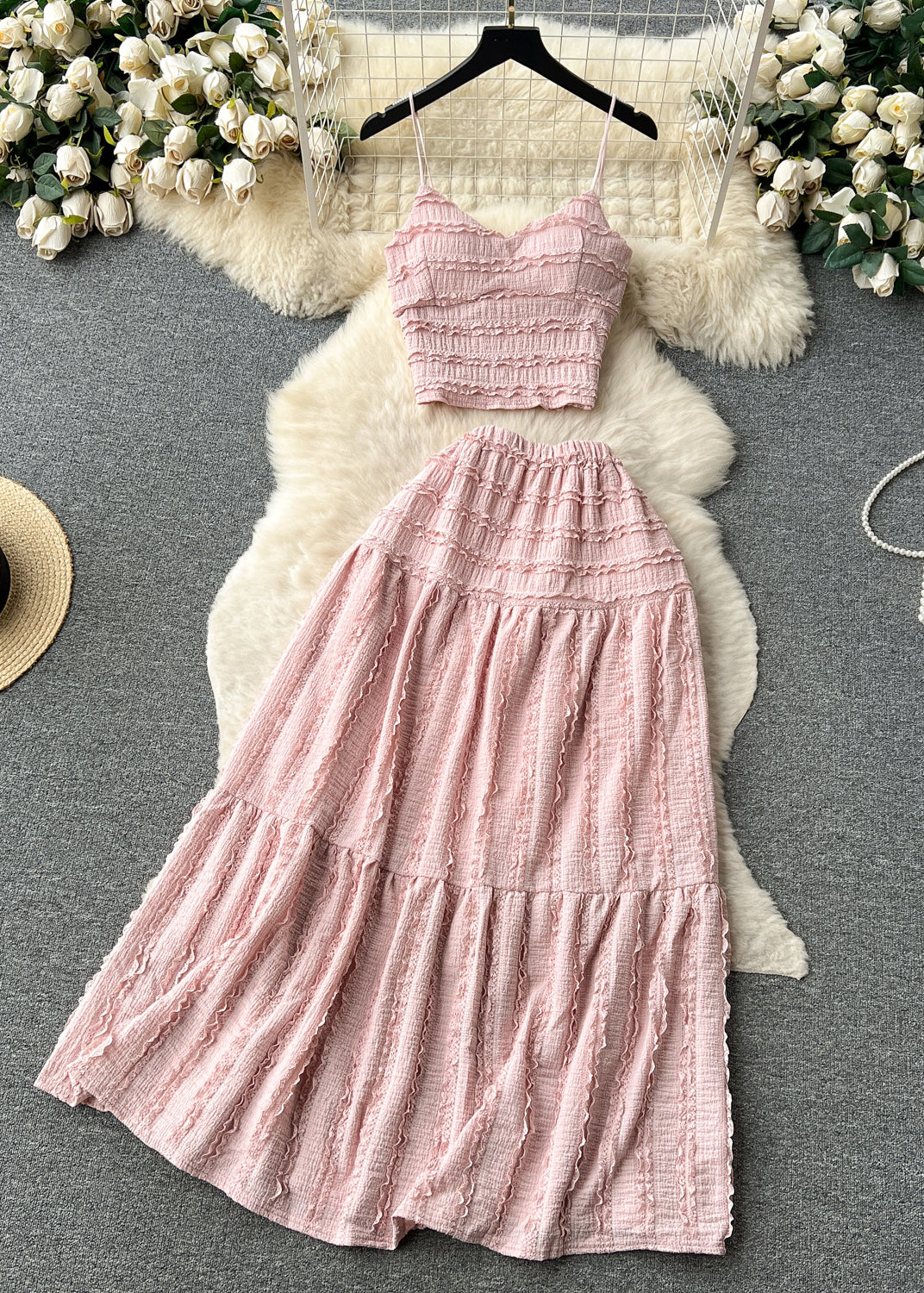 Sexy Pink Ruffled Tops And Skirts Cotton Two Pieces Set Sleeveless TR048 ZS-TPIEC240730