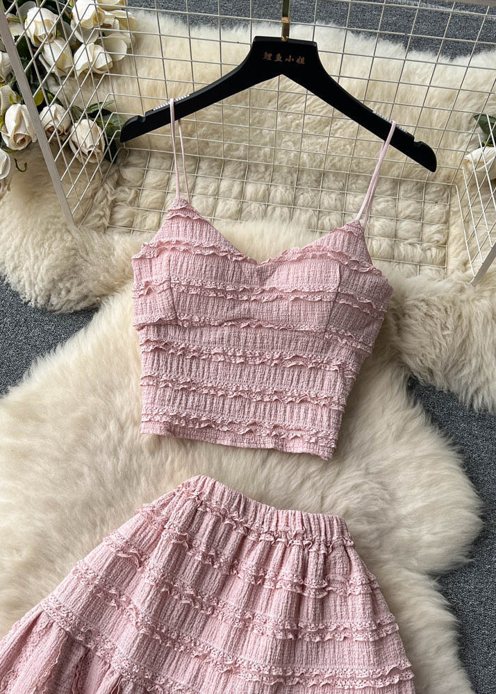 Sexy Pink Ruffled Tops And Skirts Cotton Two Pieces Set Sleeveless TR048 ZS-TPIEC240730