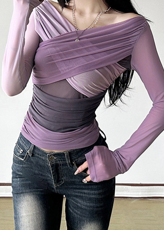 Spring Tulle Sexy Purple Top Neck Wrinkled Slash FashionChic