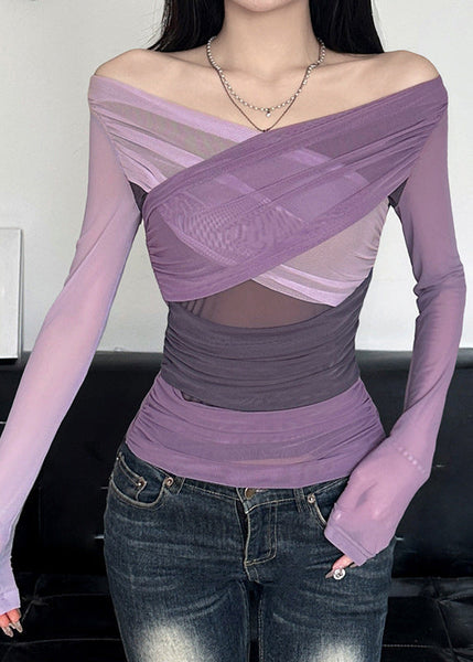 Spring Tulle Sexy Purple Top Neck Wrinkled Slash FashionChic