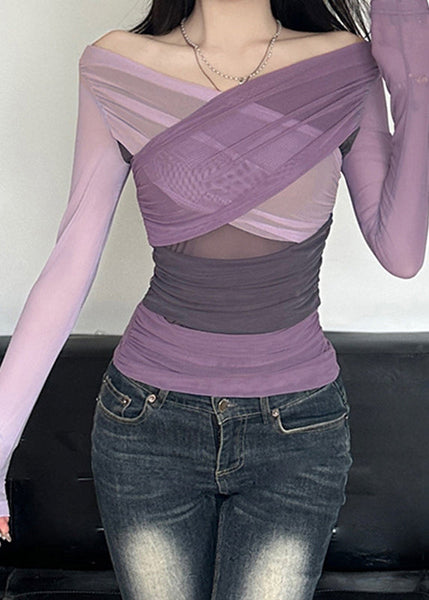 Spring Tulle Sexy Purple Top Neck Wrinkled Slash FashionChic
