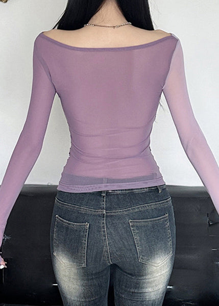 Spring Tulle Sexy Purple Top Neck Wrinkled Slash FashionChic