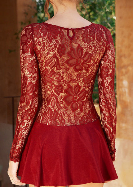 Out Spring Solid Dress Hollow Red Mid Lace Sexy FashionChic