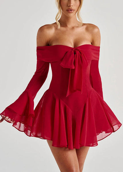 Neck Bow Mid Cotton Sleeve Sexy Slash Red Dress Flare FashionChic