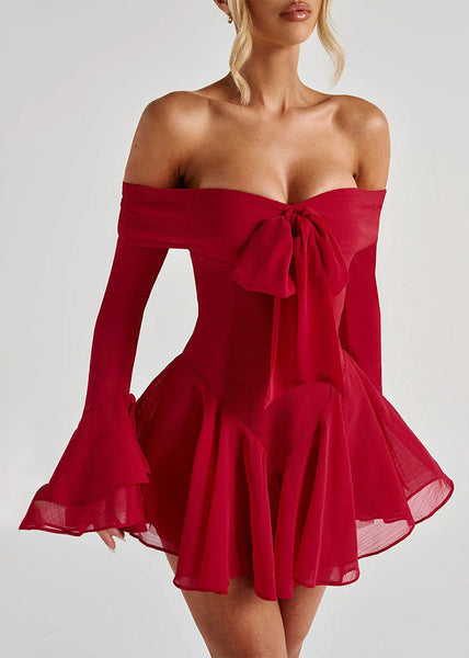 Neck Bow Mid Cotton Sleeve Sexy Slash Red Dress Flare FashionChic