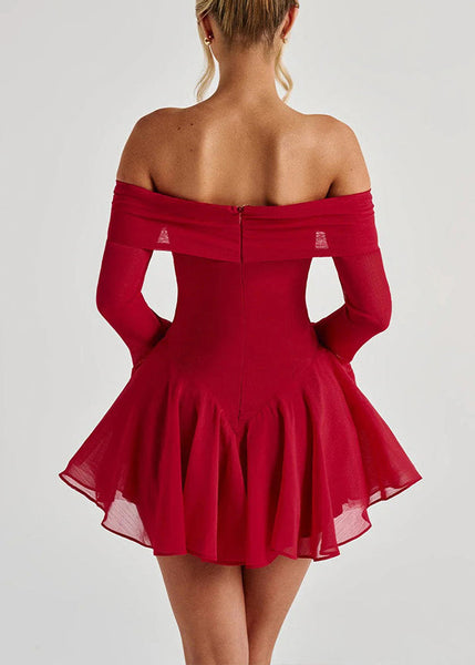 Neck Bow Mid Cotton Sleeve Sexy Slash Red Dress Flare FashionChic