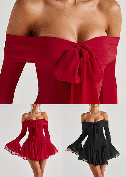 Neck Bow Mid Cotton Sleeve Sexy Slash Red Dress Flare FashionChic