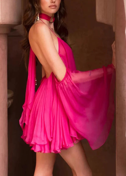 Sexy Rose V-Neck Sleeves Skirt Flared Backless Short FashionChic