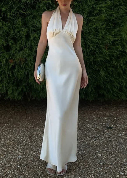 Neck Dresses Long Sexy Backless Sleeveless Silk V Halter FashionChic