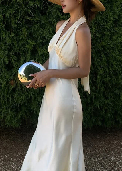 Neck Dresses Long Sexy Backless Sleeveless Silk V Halter FashionChic