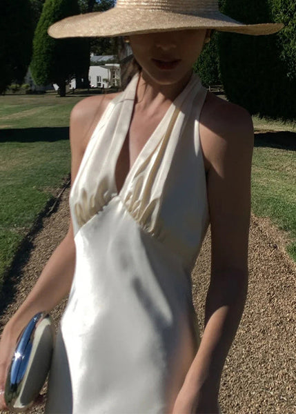 Neck Dresses Long Sexy Backless Sleeveless Silk V Halter FashionChic