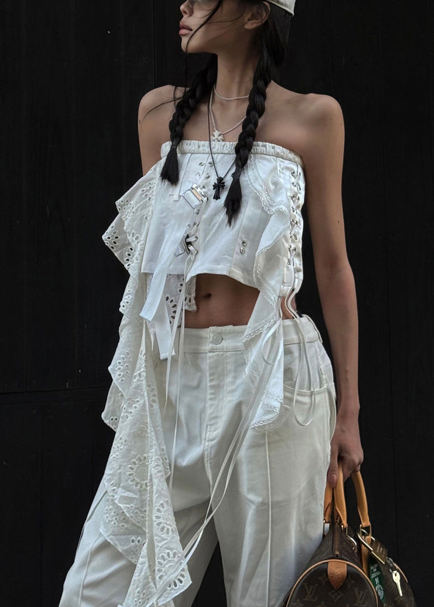 Sleeveless Tank Sexy White Out Hollow Asymmetrical Cotton FashionChic