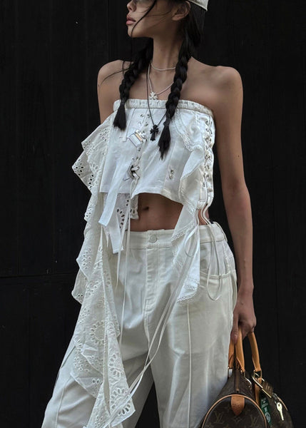 Sleeveless Tank Sexy White Out Hollow Asymmetrical Cotton FashionChic