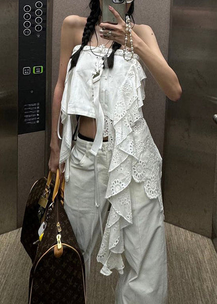 Sleeveless Tank Sexy White Out Hollow Asymmetrical Cotton FashionChic