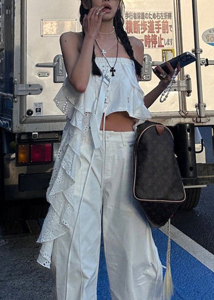 Sleeveless Tank Sexy White Out Hollow Asymmetrical Cotton FashionChic