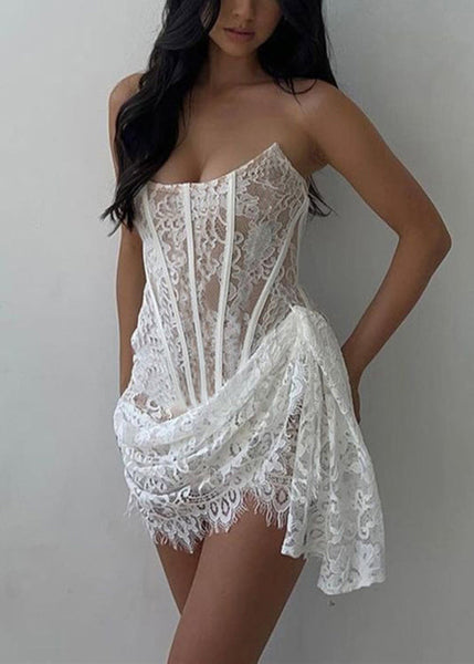 Sexy White Cold Shoulder Asymmetrical Lace Cotton Mini Dress Sleeveless YZ062 ABC